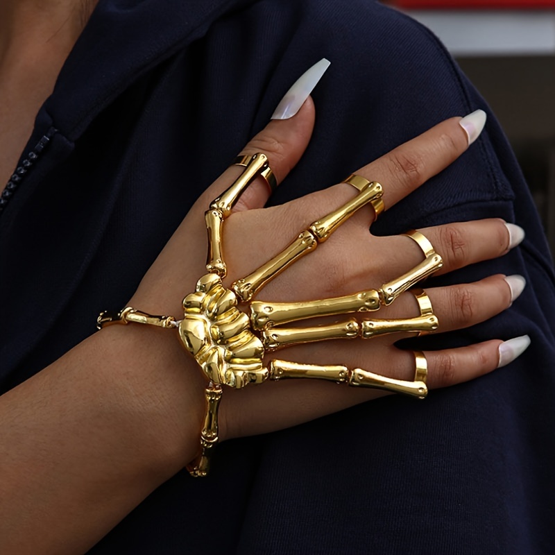 Punk Skull Hand Bone Five Finger Ring Bracelet Chain